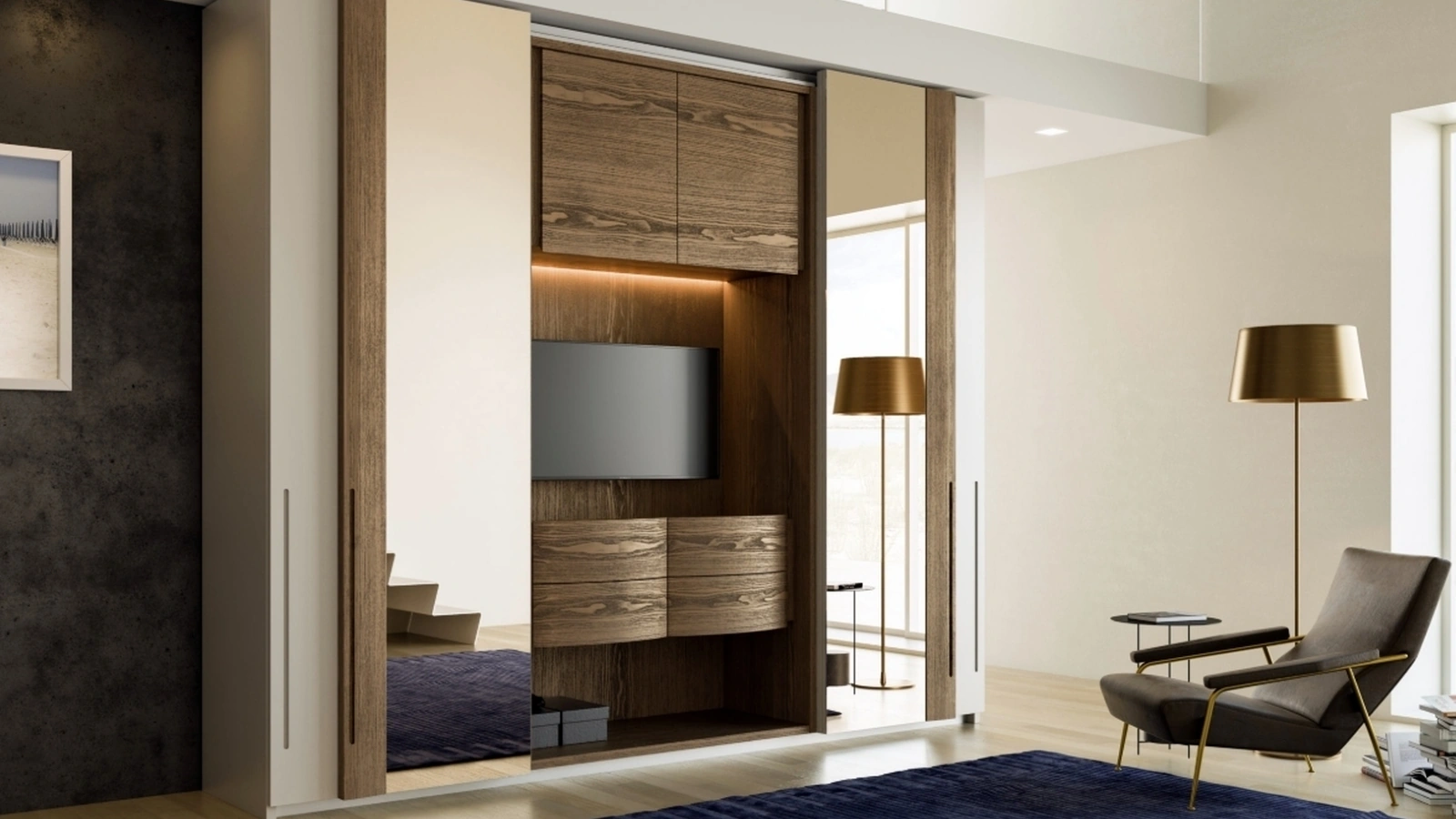 Armadio Jolly Più TV in laccato, vetro e legno di Fazzini