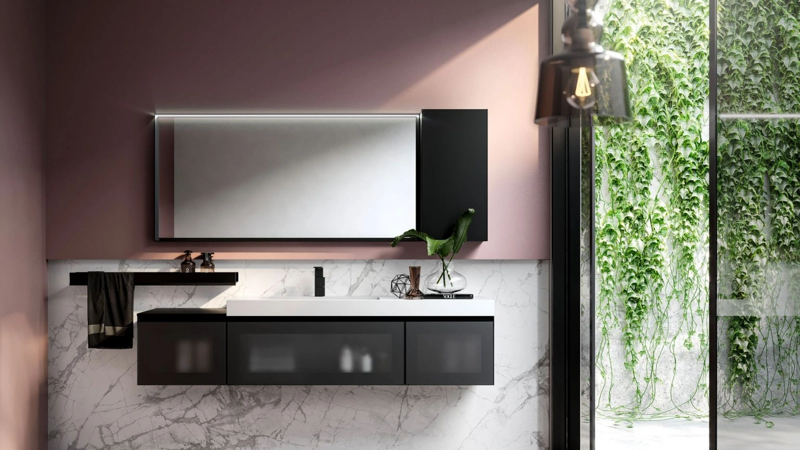 Mobile da Bagno sospeso in vetro e alluminio finitura nero Cubik 02 di Ideagroup