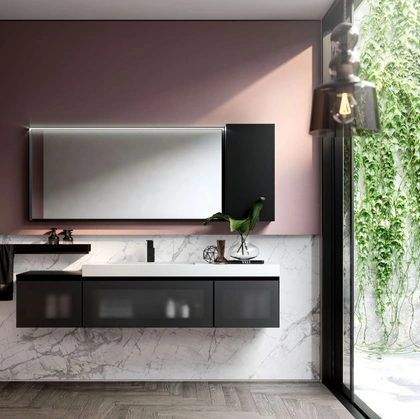 Mobile da Bagno sospeso in vetro e alluminio finitura nero Cubik 02 di Ideagroup
