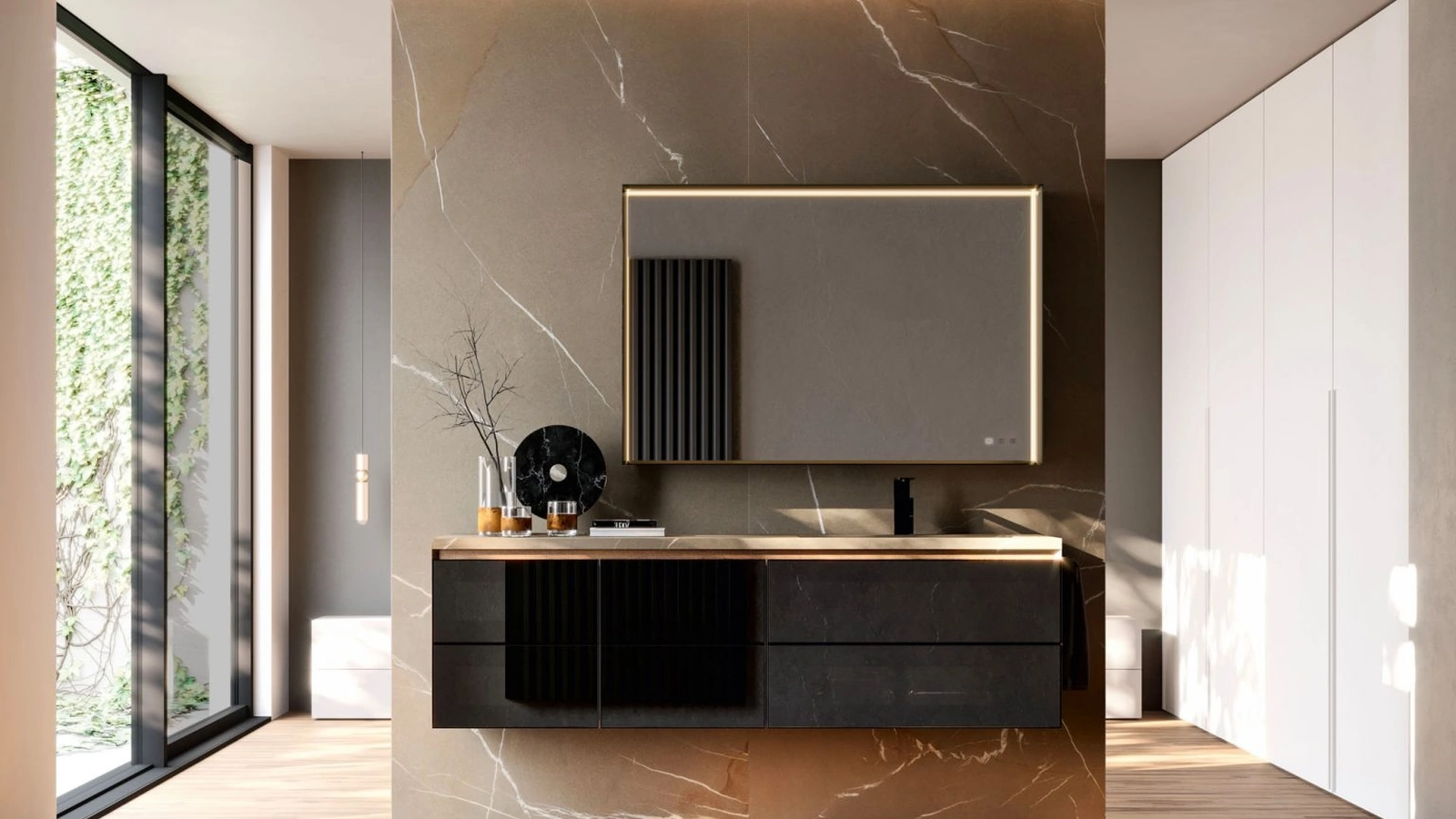 Mobile da Bagno sospeso in vetro e alluminio nero con struttura in rovere antico Cubik 05 di Ideagroup