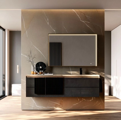 Mobile da Bagno sospeso in vetro e alluminio nero con struttura in rovere antico Cubik 05 di Ideagroup
