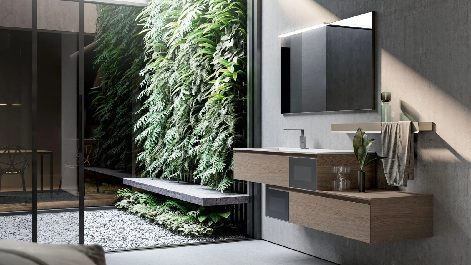 Mobile da Bagno sospeso in Castagno light grey e vetro acidato con profilo in alluminio inox Cubik 12 di Ideagroup