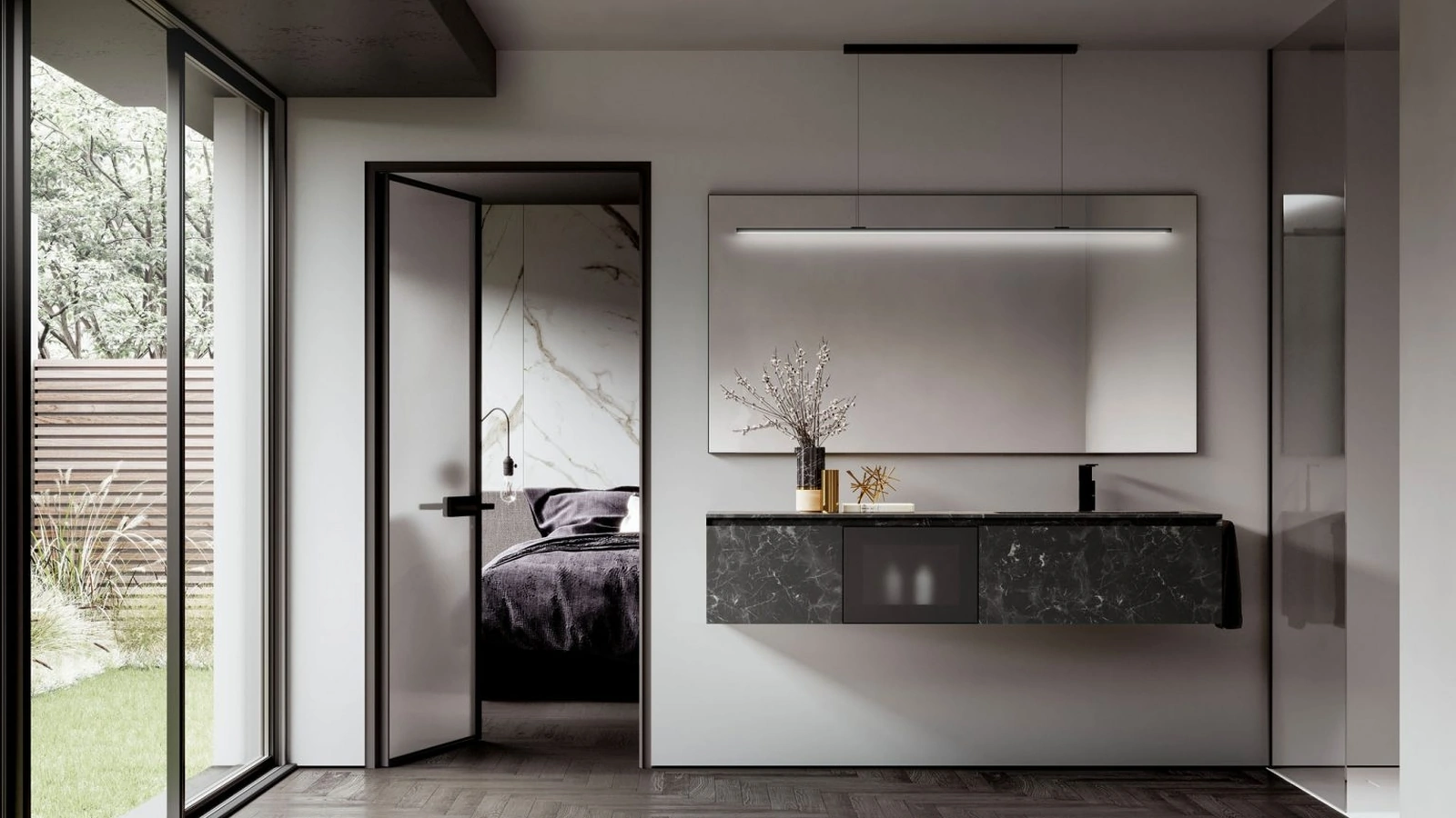 Mobile da Bagno sospeso con base in Hpl Impero e frontali in alluminio nero e vetro acidato Cubik 11 di Ideagroup