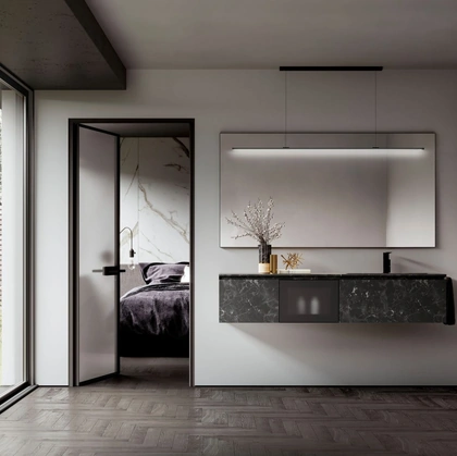 Mobile da Bagno sospeso con base in Hpl Impero e frontali in alluminio nero e vetro acidato Cubik 11 di Ideagroup