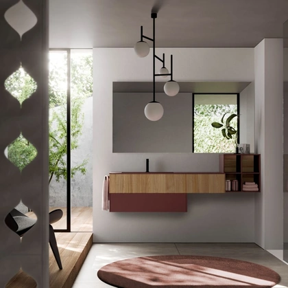 Mobile da Bagno sospeso in Teak sabbiato naturale e Fenix rosso jaipur Sense 11 di Ideagroup