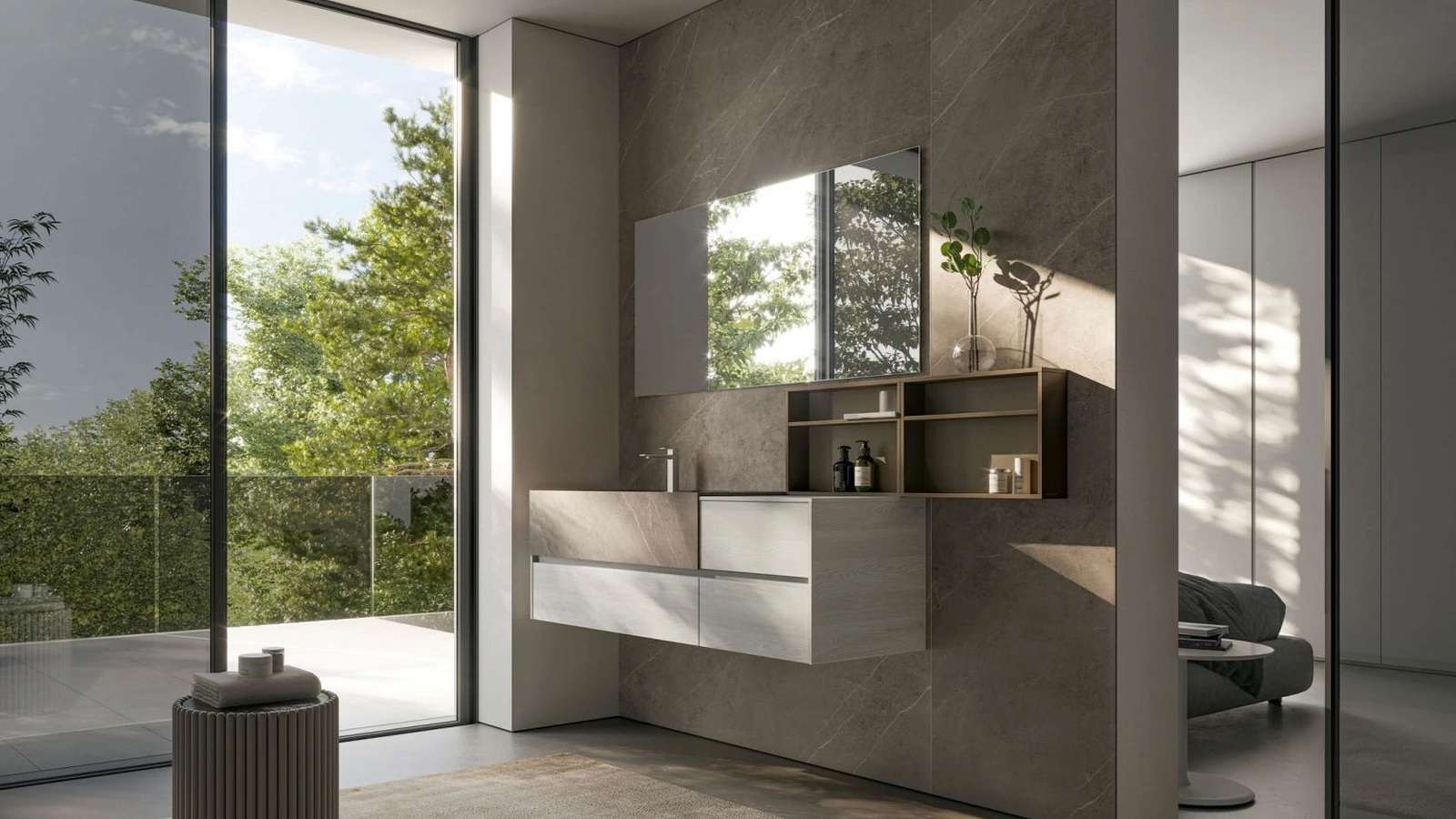 Mobile da Bagno sospeso in HPL con lavabo integrato in Gres Pietra Piasentina Nyù 16 di Ideagroup