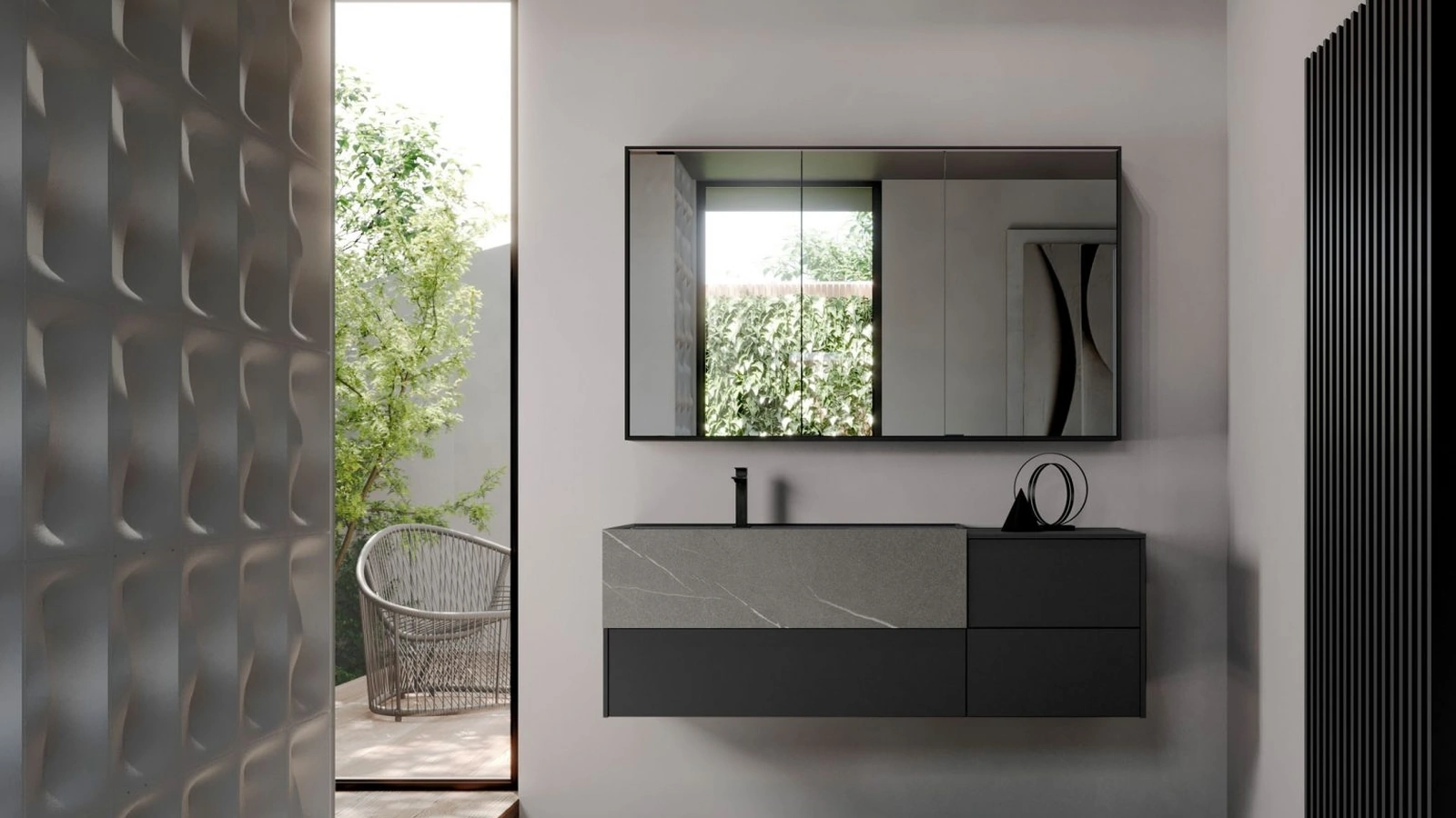 Mobile da Bagno sospeso in gres Pietra Piasentina e Fenix nero Sense 02 di Ideagroup