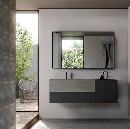 Mobile da Bagno sospeso in gres Pietra Piasentina e Fenix nero Sense 02 di Ideagroup