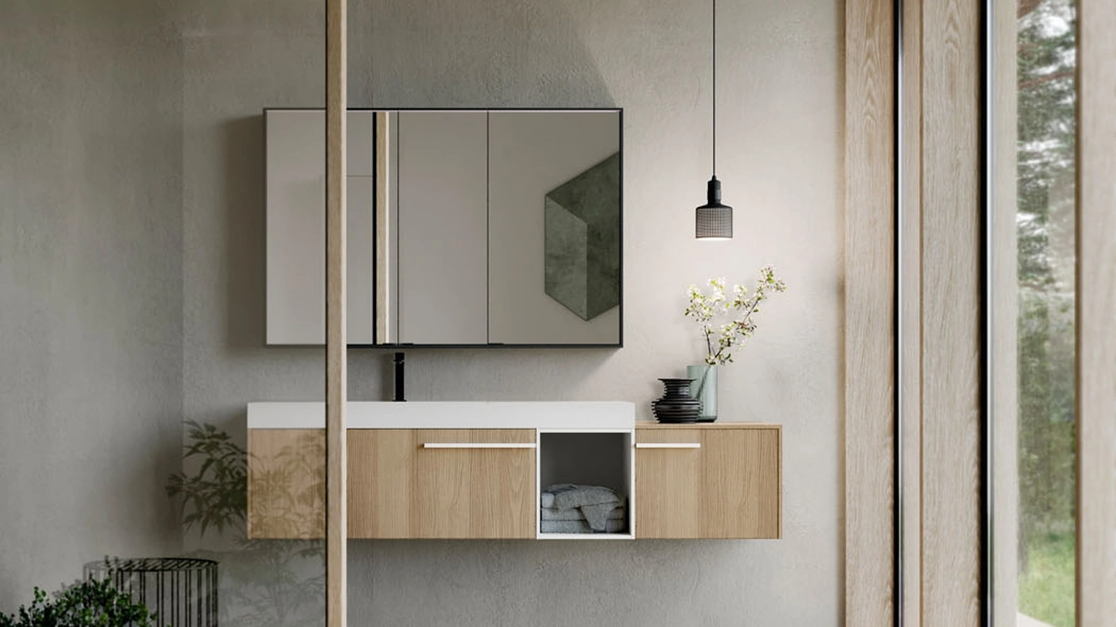 Mobile da Bagno sospeso in Teak sabbiato marmotta e laccato bianco Sense 06 di Ideagroup