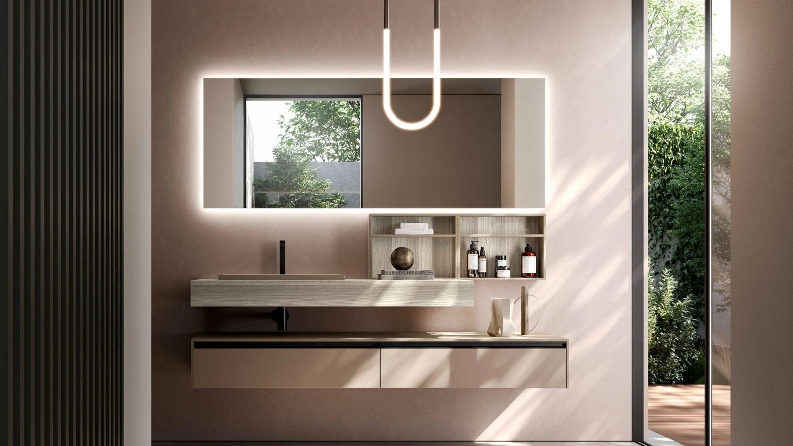 Mobile da Bagno sospeso in laccato biscotto opaco e Teak sabbiato bianco Sense 10 di Ideagroup