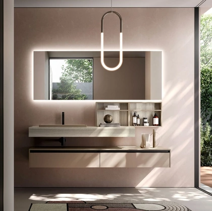 Mobile da Bagno sospeso in laccato biscotto opaco e Teak sabbiato bianco Sense 10 di Ideagroup