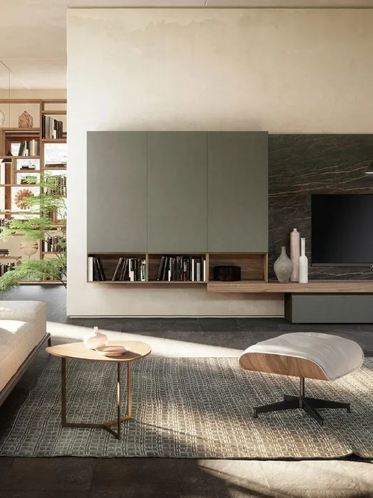 Parete Attrezzata Composizione Horizon 939 in laccato opaco, legno e laminato di Mobilgam