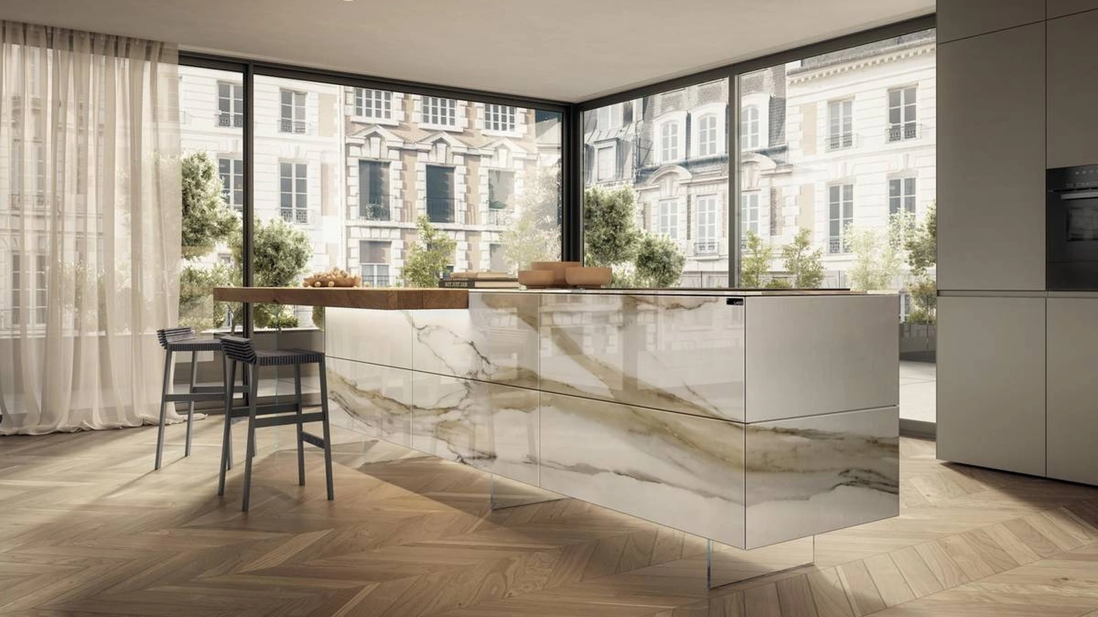 Cucina Design con isola 36e8 Project 2813 in vetro effetto marmo di Lago