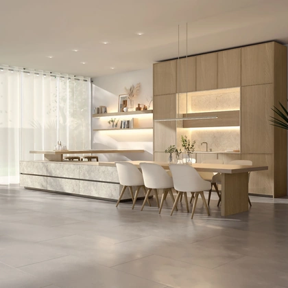 Cucina Design con penisola Marea + Giza + Rim in legno e ceramica di Maistri