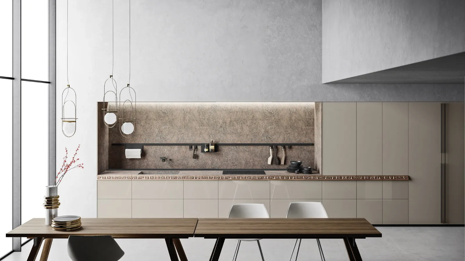 Cucina Design in linea Genius Loci Vitrum Lucido Kamut con cassetto a mosaico di Valcucine