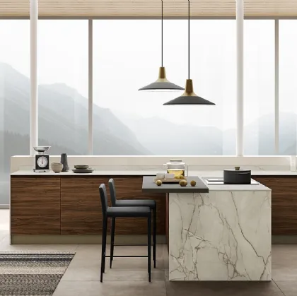 Cucina Moderna con penisola Luna finitura noce deciso e nocciola pet di Mobilturi