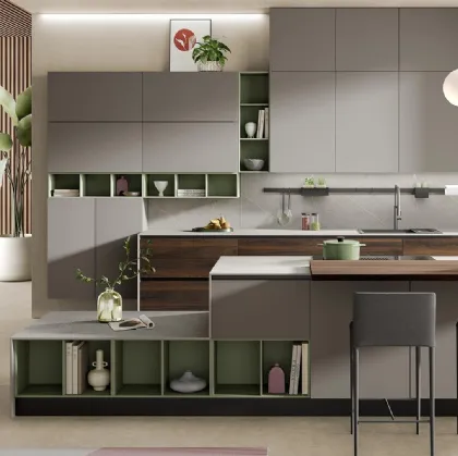 Cucina Moderna con isola Zante finitura rovere sigaro e matt visone di Mobilturi